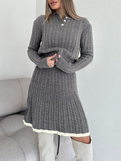 Contrast Trim Cable-Knit Peluş Etek Takımı