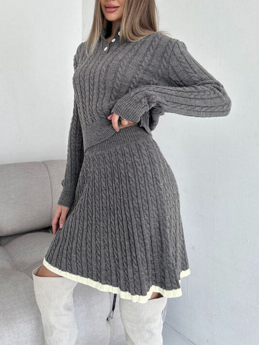 Contrast Trim Cable-Knit Peluş Etek Takımı