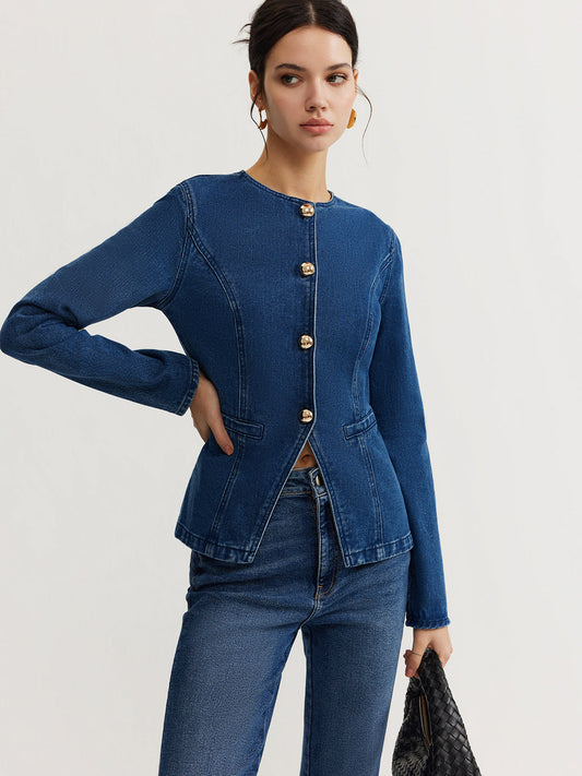 Düğmeli Denim Dar Ceket