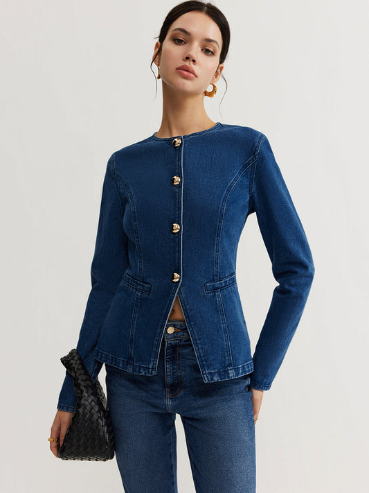 Düğmeli Denim Dar Ceket