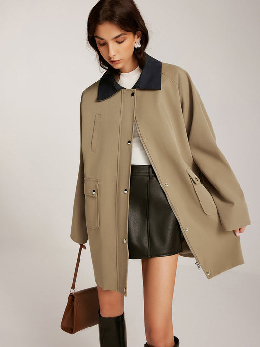 Farklı Yaka Fermuarlı Oversize Trençkot