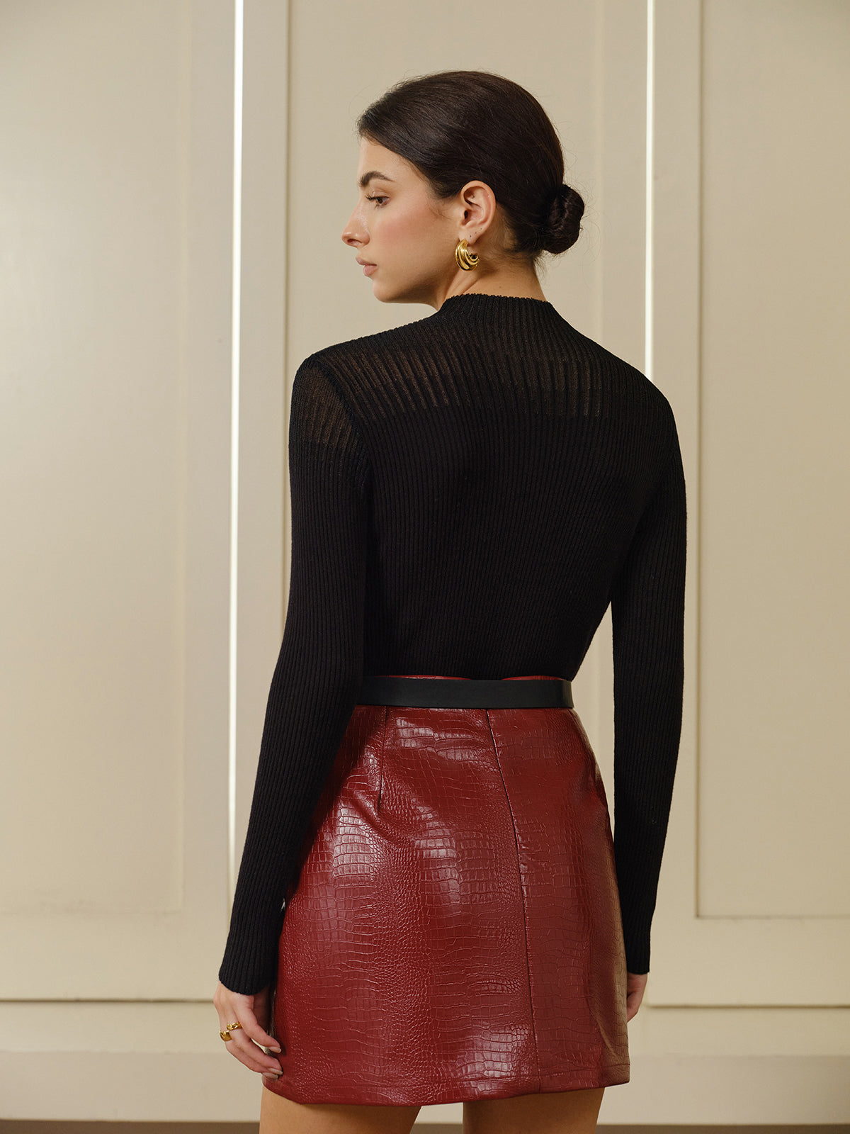 Yüksek Yaka Paneled Triko Bluz