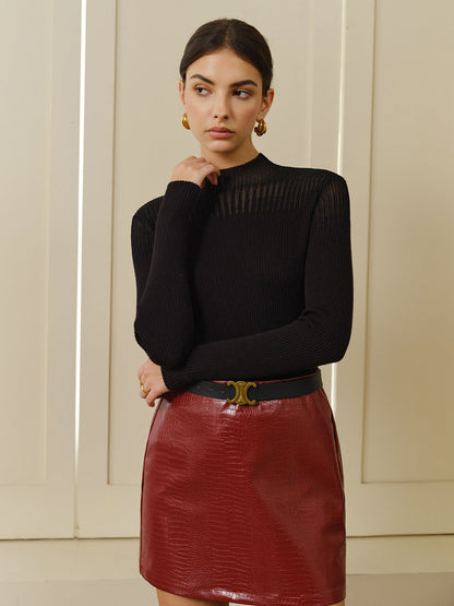 Yüksek Yaka Paneled Triko Bluz