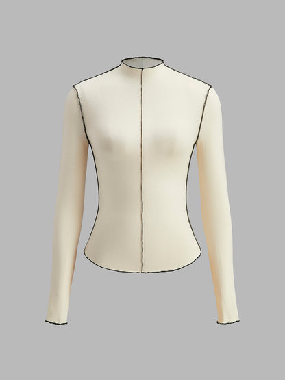 Mock Neck Wave-Piping Jersey Üstü
