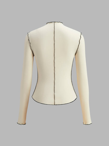 Mock Neck Wave-Piping Jersey Üstü