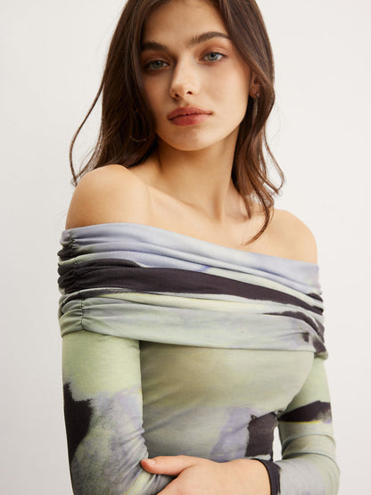 Asimetrik Omuzlu Tye Dye Baskılı Tişört