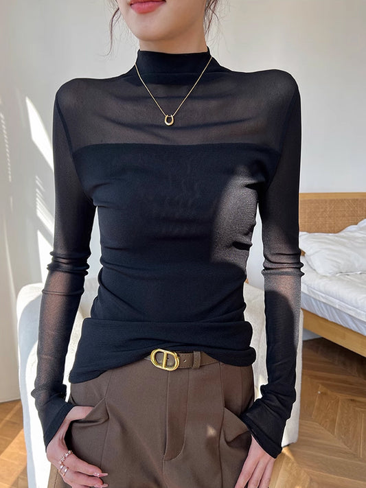 Mocks Neck Şeffaf Ağı Mesh Panel Tişört