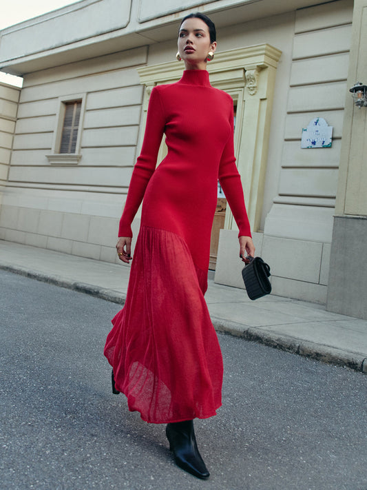 High Neck Pleated Panel Dress