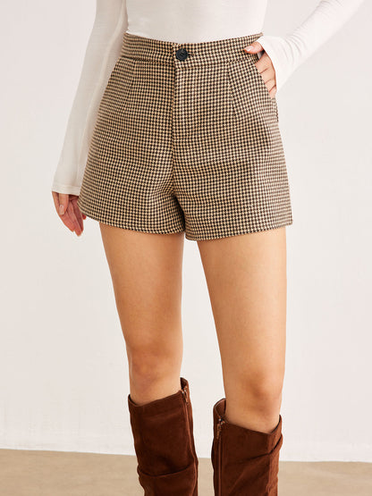 Houndstooth Düğme Şortlar