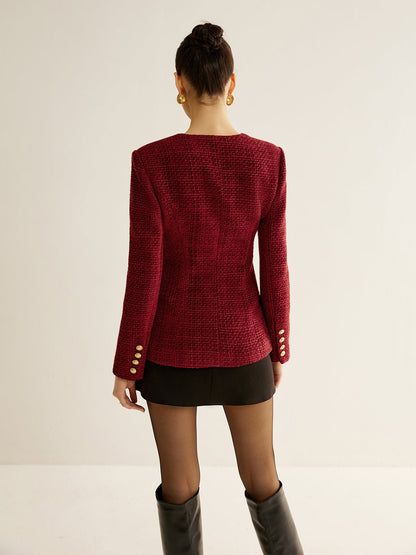 Buttoned Slit Tweed Blazer