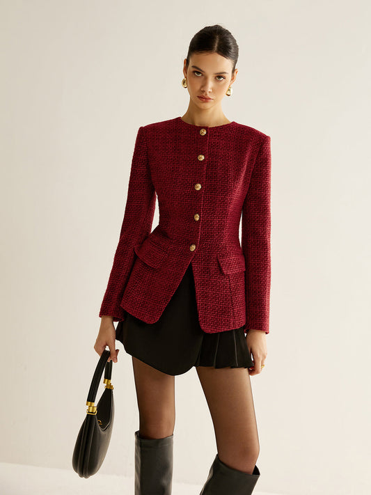 Buttoned Slit Tweed Blazer