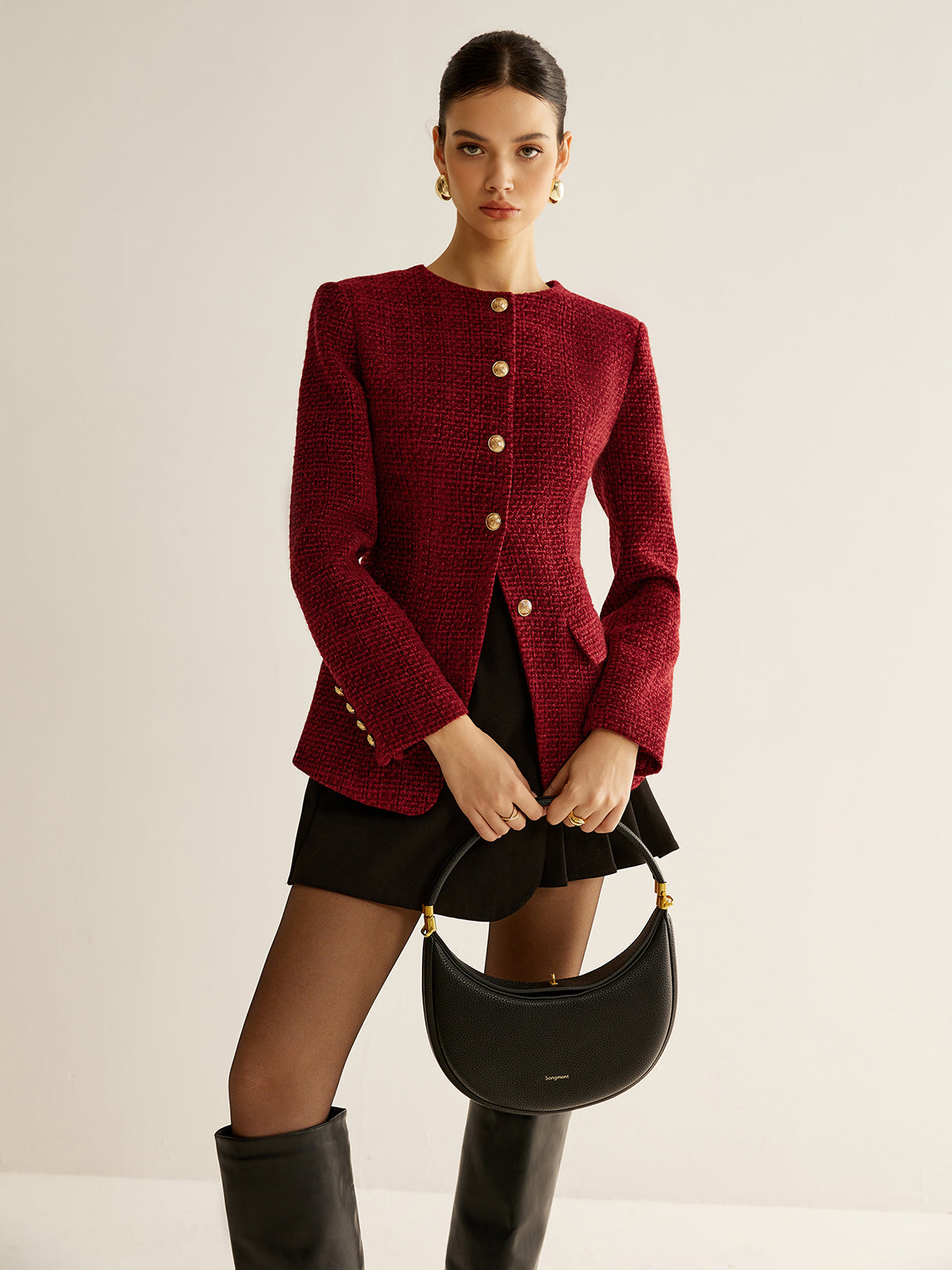 Buttoned Slit Tweed Blazer