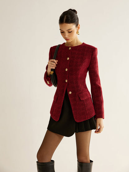Buttoned Slit Tweed Blazer