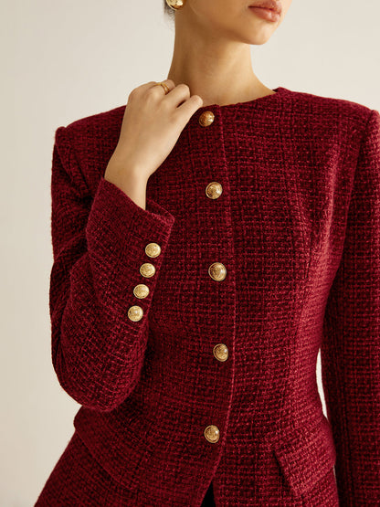Buttoned Slit Tweed Blazer