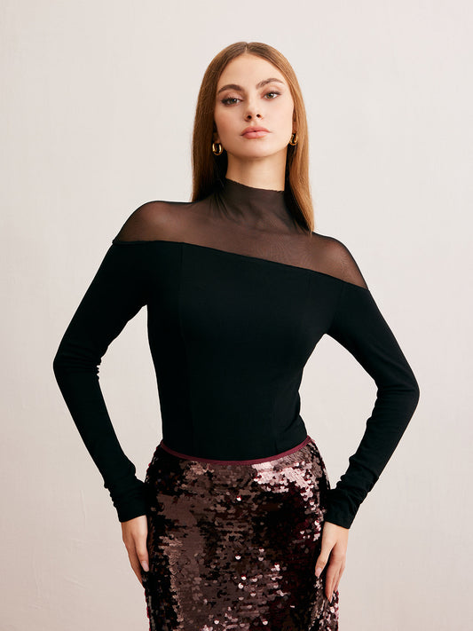 Ağ Mesh Panel Jersey Dar Kesim T-Shirt
