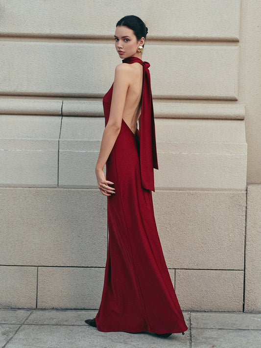 Backless Satin Halter Elbise