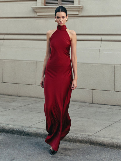 Backless Satin Halter Elbise