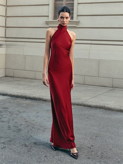 Backless Satin Halter Elbise