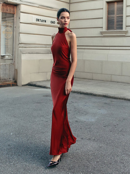 Backless Satin Halter Elbise