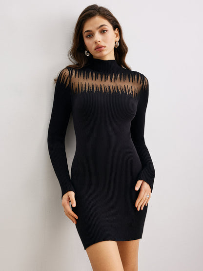 Mock Neck Şeffaf Detaylı Dar Kesim Kazak Elbisesi