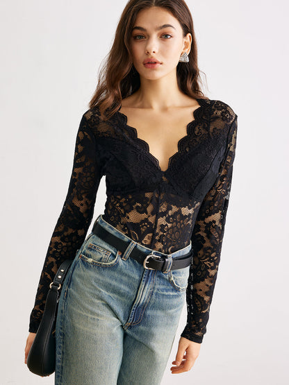 Dalga Kesim Dantel Panel Bodysuit
