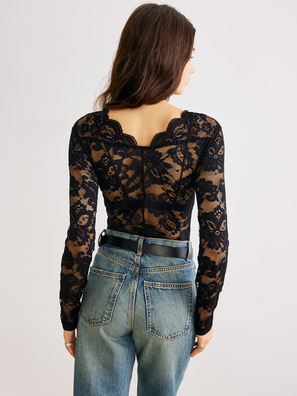 Dalga Kesim Dantel Panel Bodysuit