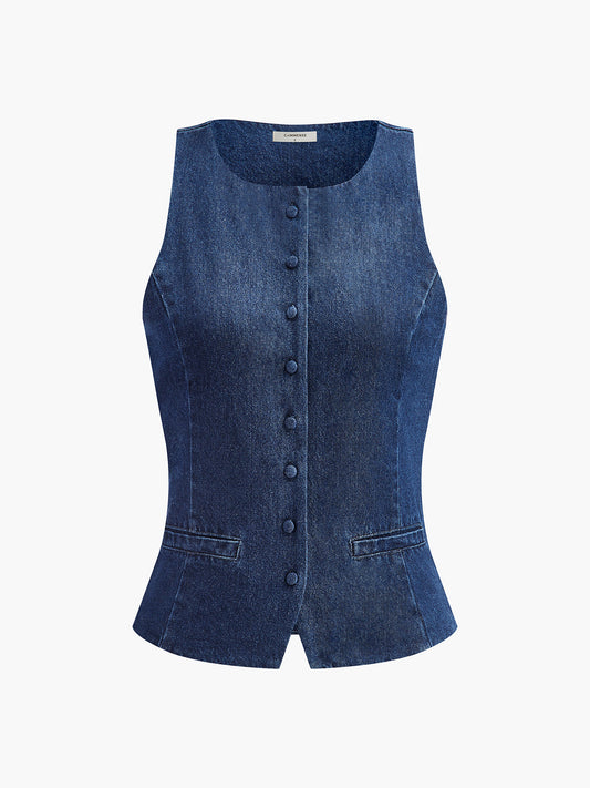 Düğme Kapalı Denim Yelek