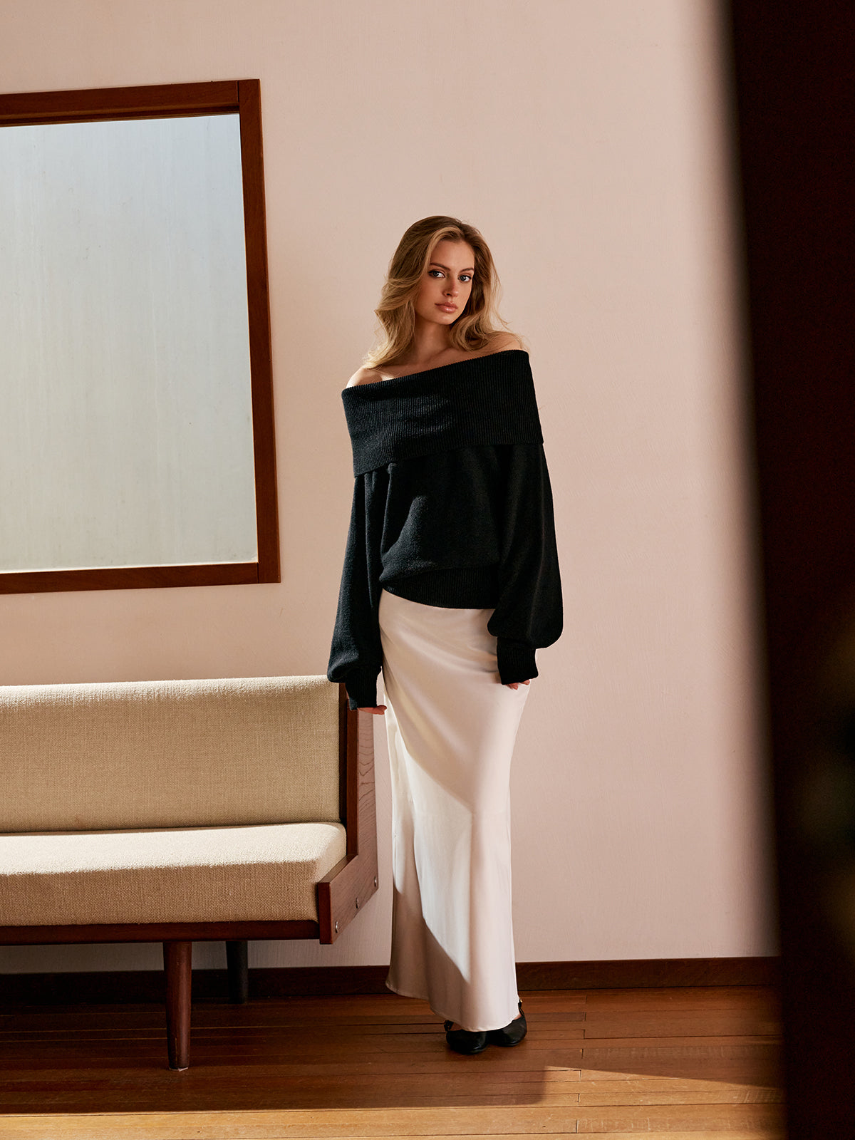 Yüksek Esneme Off-Shoulder Shift Kazak