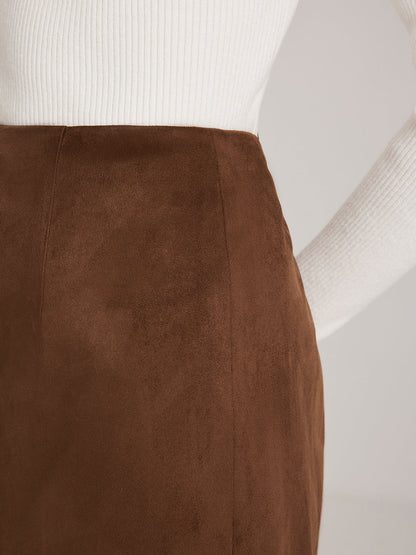 Arka Yırtmaçlı Süet Fermuarlı Etek