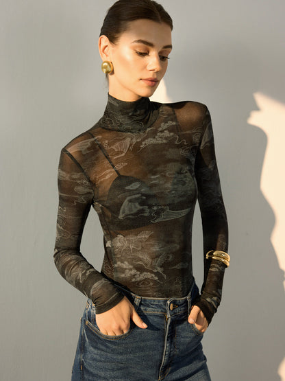Baskılı Yarı Şeffaf Mock Neck Tişört