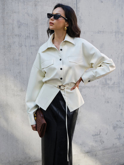 Kemer Olmadan Sahte Deri Düğmeli Polo Tişört