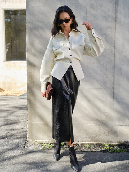 Kemer Olmadan Sahte Deri Düğmeli Polo Tişört