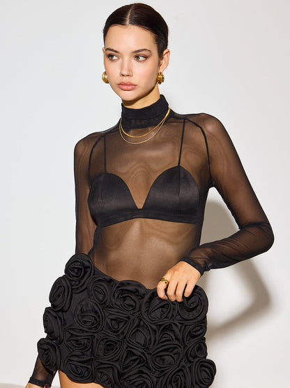 Mock Neck Şeffaf Ağı Mesh Tişört
