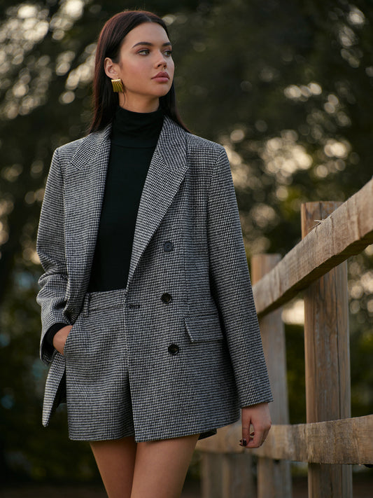 Houndstooth Düğmeli Keten Ceket