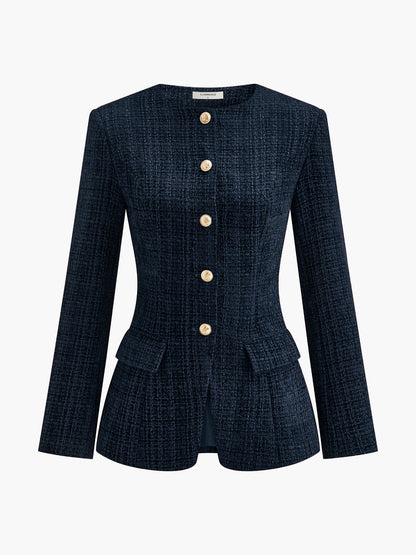 Buttoned Slit Tweed Blazer