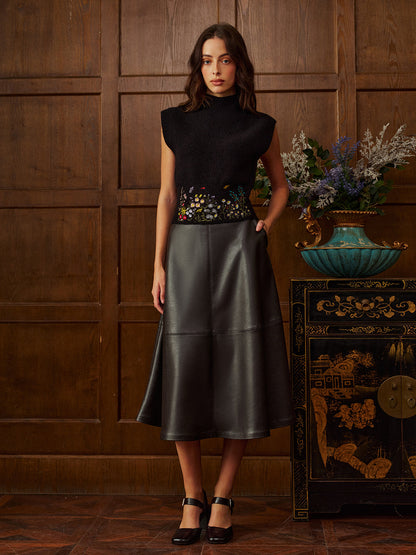 Yüksek Yaka Nakışlı Çiçekli Kazak Yelek