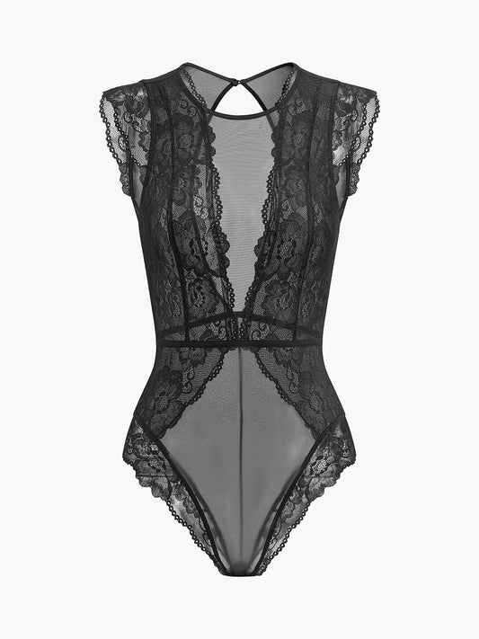 Yarı Şeffaf Sırtı Açık Dantel Bodysuit