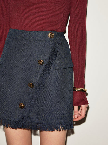 Orta Bel Tweed Püskül Mini Etek