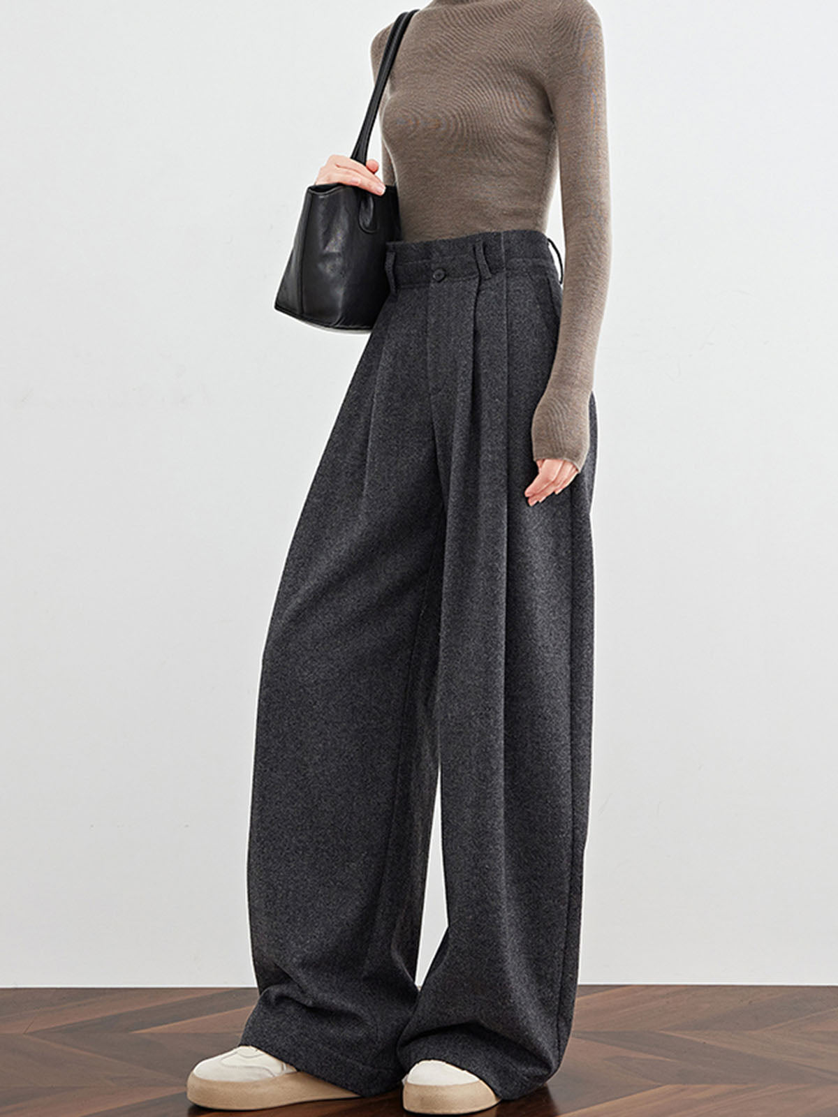 Wool Blend Woven Pleated Pants