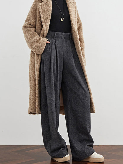 Wool Blend Woven Pleated Pants