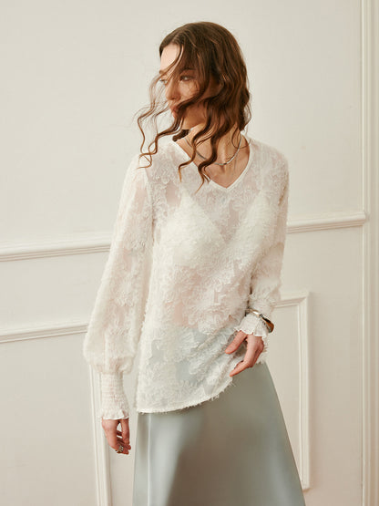 Semi-Sheer V-Neck Lantern Sleeve Embroidered Top