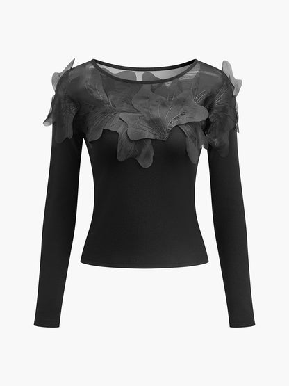 Yarı Şeffaf Çiçekli Dekor Slim Bluz