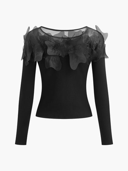 Yarı Şeffaf Çiçekli Dekor Slim Bluz