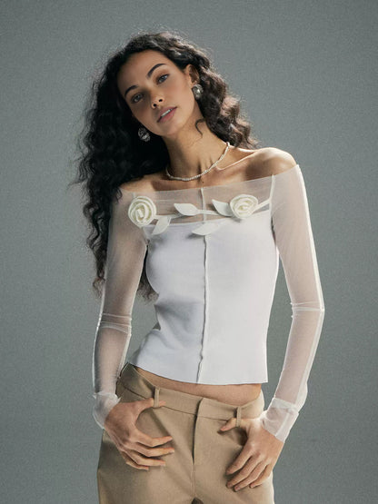 3D Çiçek Tek Omuz Şeffaf Ağaç Panel T-Shirt