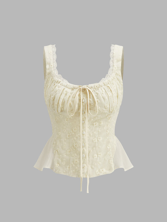 Lace Edge Stitched Ruffled Flower Patterned Blouse