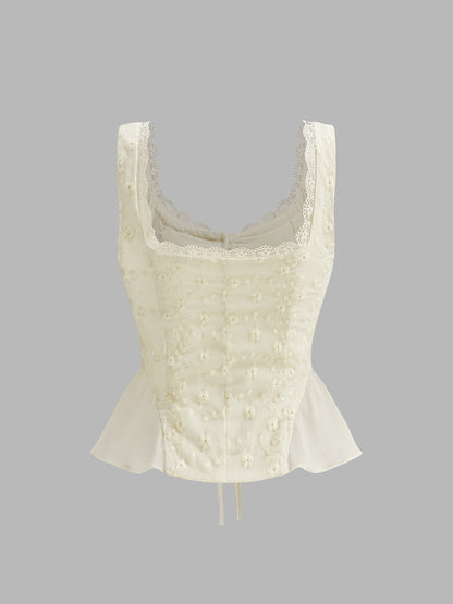Lace Edge Stitched Ruffled Flower Patterned Blouse