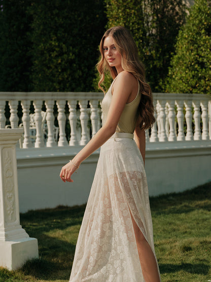 Şeffaf dantel yırtmaçlı etek, kemerli