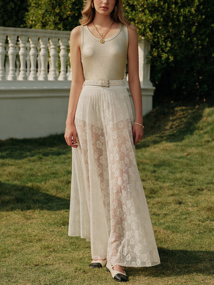 Şeffaf dantel yırtmaçlı etek, kemerli