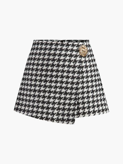 Yüksek Bel Metal Düğmeli Houndstooth Şortlar