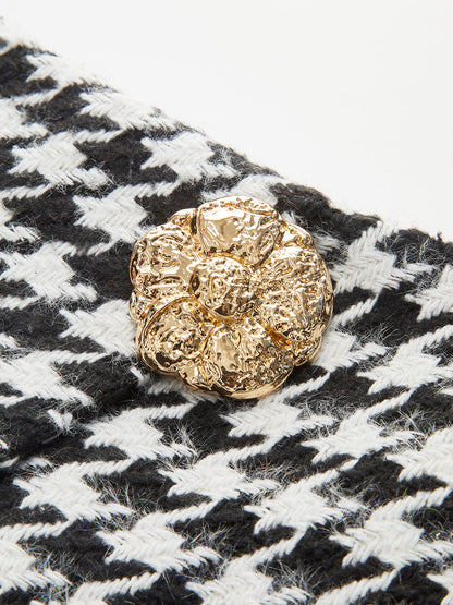 Yüksek Bel Metal Düğmeli Houndstooth Şortlar
